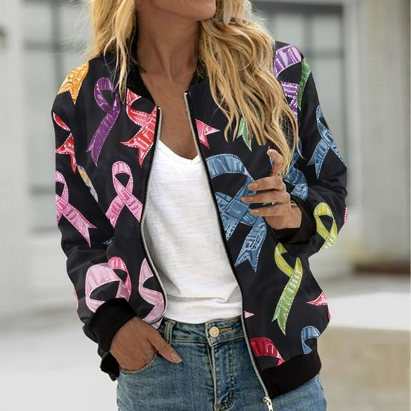 QATAINLAV Baseball Bomber Jacket Women Breast Cancer Awareness Lightweight Outwear Casual Zip Up Stand Collar Short Coat, Black, XXL