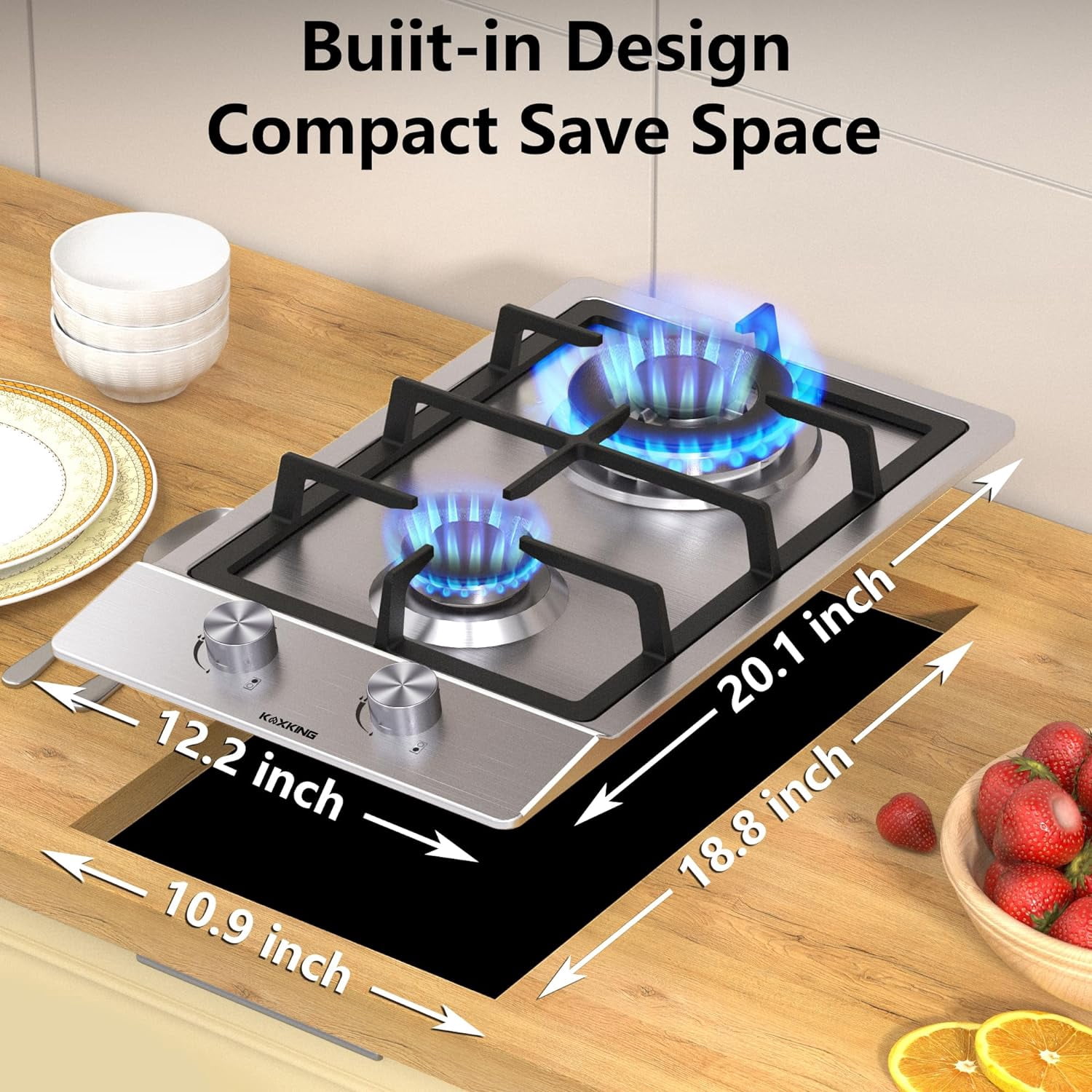 KOXKING 12 Inch Gas Cooktop, 2 Burner Drop-in Stove, Dual Fuel NG/LPG Convertible for RVs, Apartments & Small Kitchens, Stainless Steel with Thermocouple Protection
