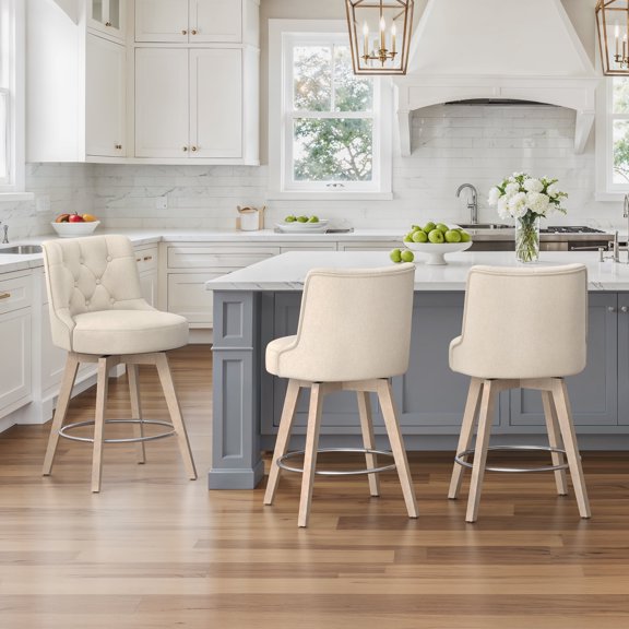 Dycanpo 26"H Counter Height Bar Stool Set of 3 with Back Linen Fabric for Home Kitchen, Linen Color