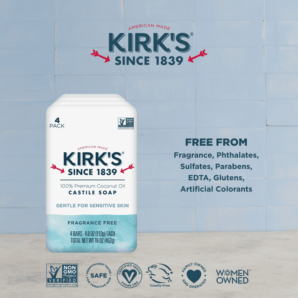 Kirk's Castile Bar Soap - Made With Premium Coconut Oil, Fragrance Free, 4 oz. Bars, 4 Pack