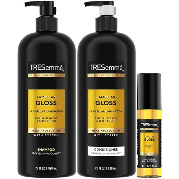 Tresemme Lamellar Shampoo, 28 oz & Conditioner, 28oz for Glossy Hair & Lamellar Gloss Oil for Women Ultra Shine Lamellar Lamination Up to 72H Ultra Shine, 3.3 oz Bundle