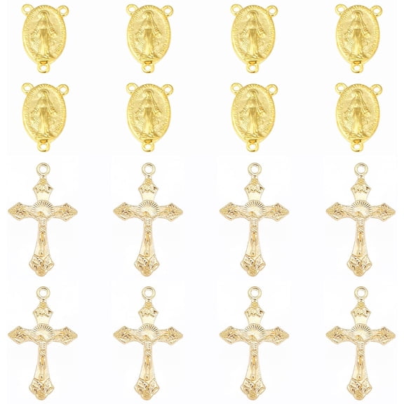 Golden Tibetan Style Rosary Charms Center Miraculous Medal with Alloy Crucifix Charm Oval Chandelier Gold Links Connectors for Rosary Holy Beads Easter Necklace Party Favor Gold