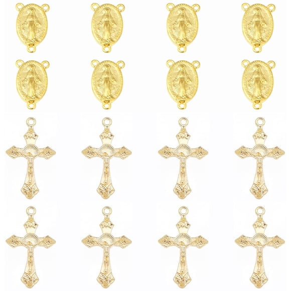 Rosario dorado de estilo tibetano con medalla milagrosa central, crucifijo de aleación, colgante ovalado tipo candelabro y conectores dorados.