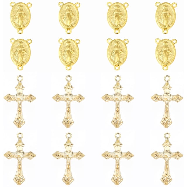 Rosario dorado de estilo tibetano con medalla milagrosa central, crucifijo de aleación, colgante ovalado tipo candelabro y conectores dorados.