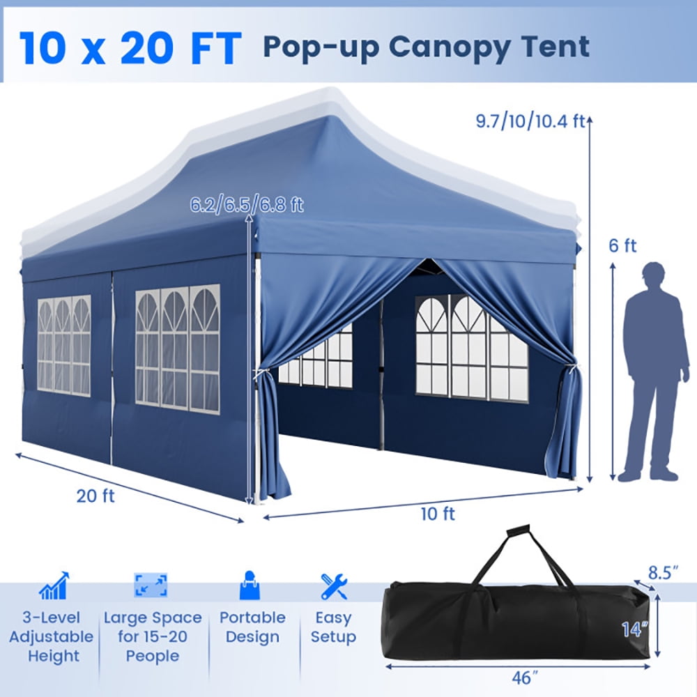 Aimee Lii 10 x 20 FT Pop up Canopy with 6 Sidewalls and Windows and Carrying Bag for Party Wedding Picnic, Canopy Gazebo for BBQ Events, Blue Aimee Lii 10 x 20 FT Pop up Canopy with 6 Sidewalls and Windows and Carrying Bag for Party Wedding Picnic, Canopy Gazebo for BBQ Events, Blue