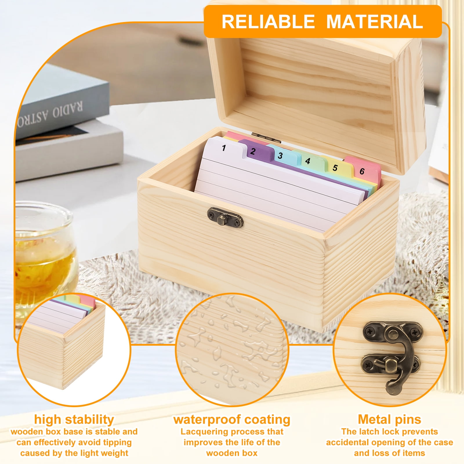 Index Card Holder 15*10*10.4CM, 150 Pcs Heavy-Duty Index Card Business Card Organizer Wooden Recipe Box with Dividers Flash Card Holder