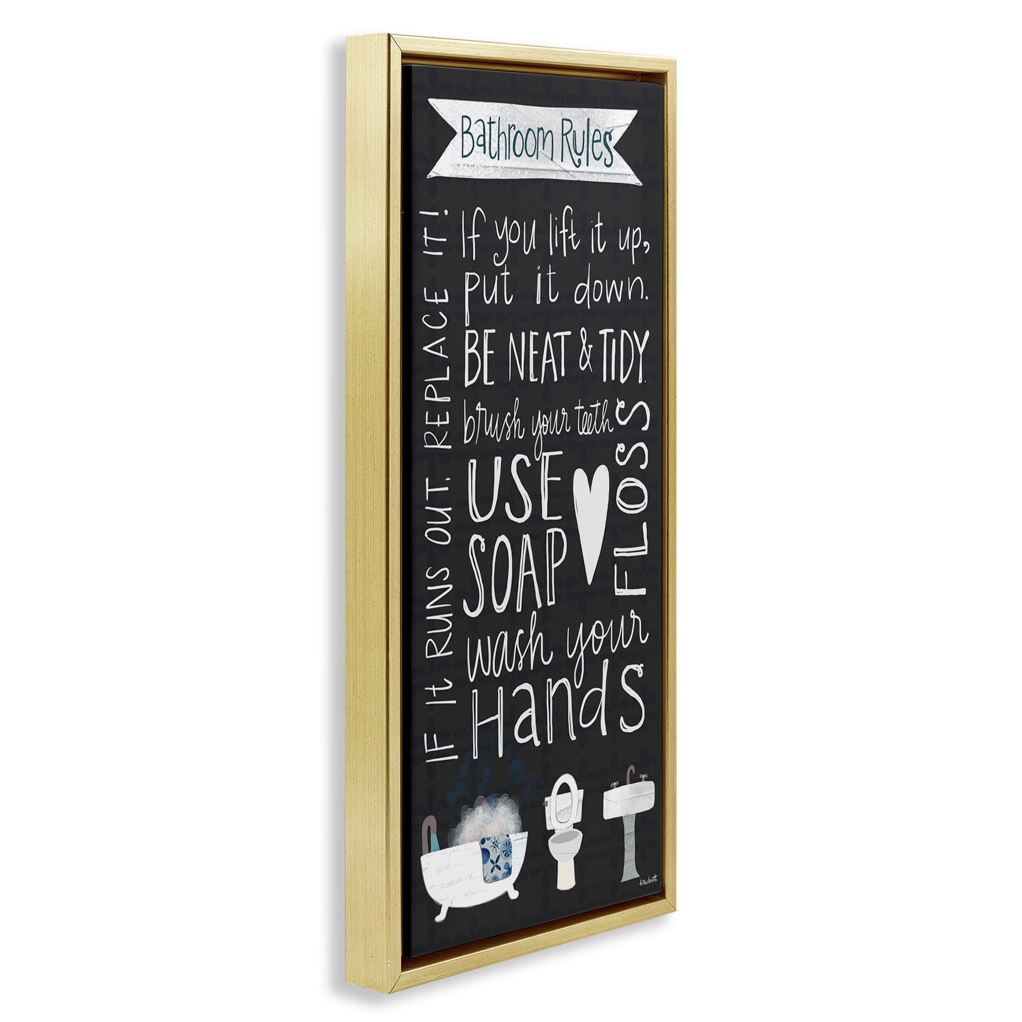 Stupell Industries Whimsical Bathroom Rules Sign Typography Painting Gold Floater Framed Canvas Art Print Wall Art, 15 x 31