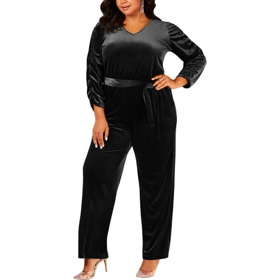 NY Collection Womens Plus Velvet Belted Jumpsuit