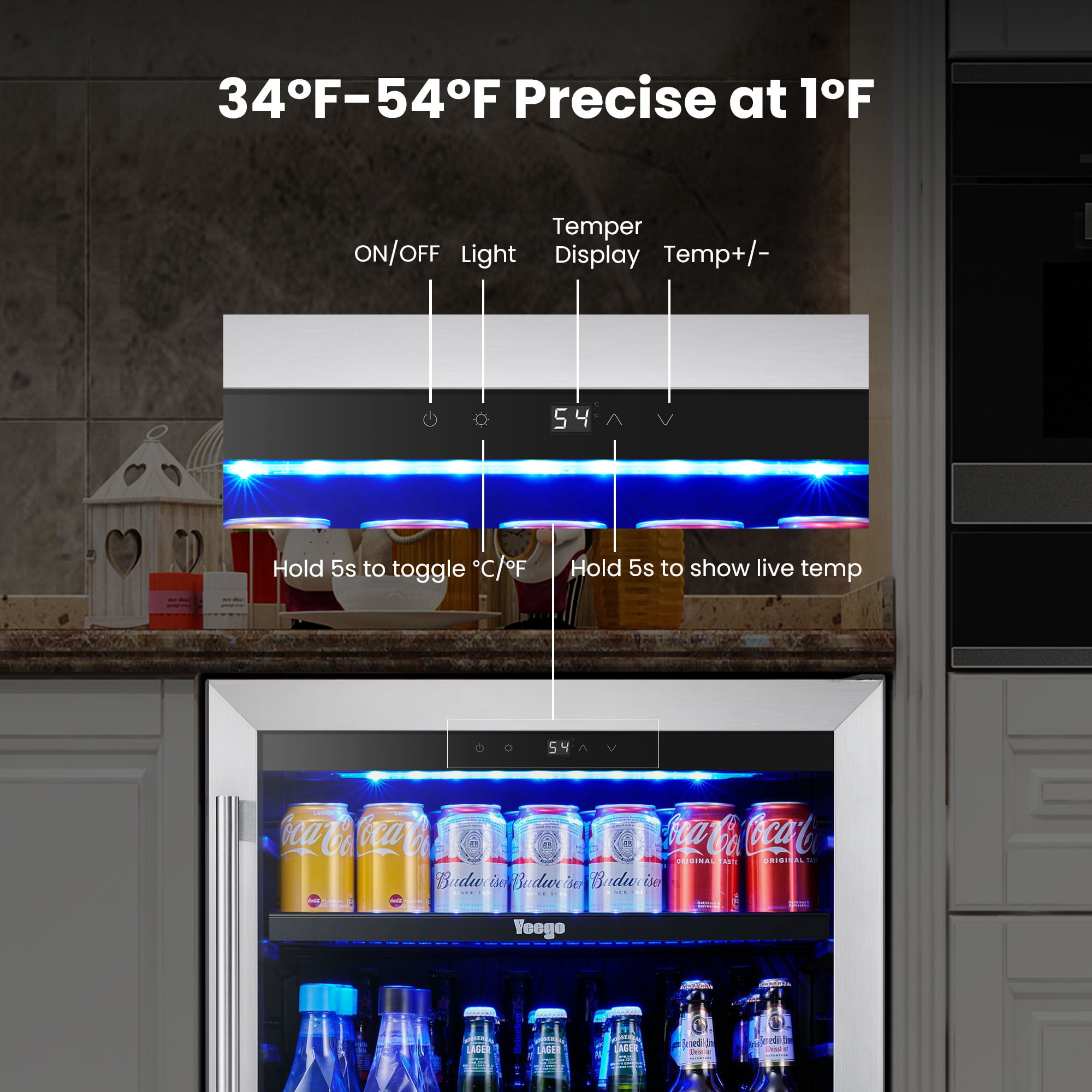 Yeego 24 Inch 180 Cans Beverage Refrigerator Cooler, Double Layer Glass Door, Built-in/Freestanding for Beer Soda Water, Right Hinge
