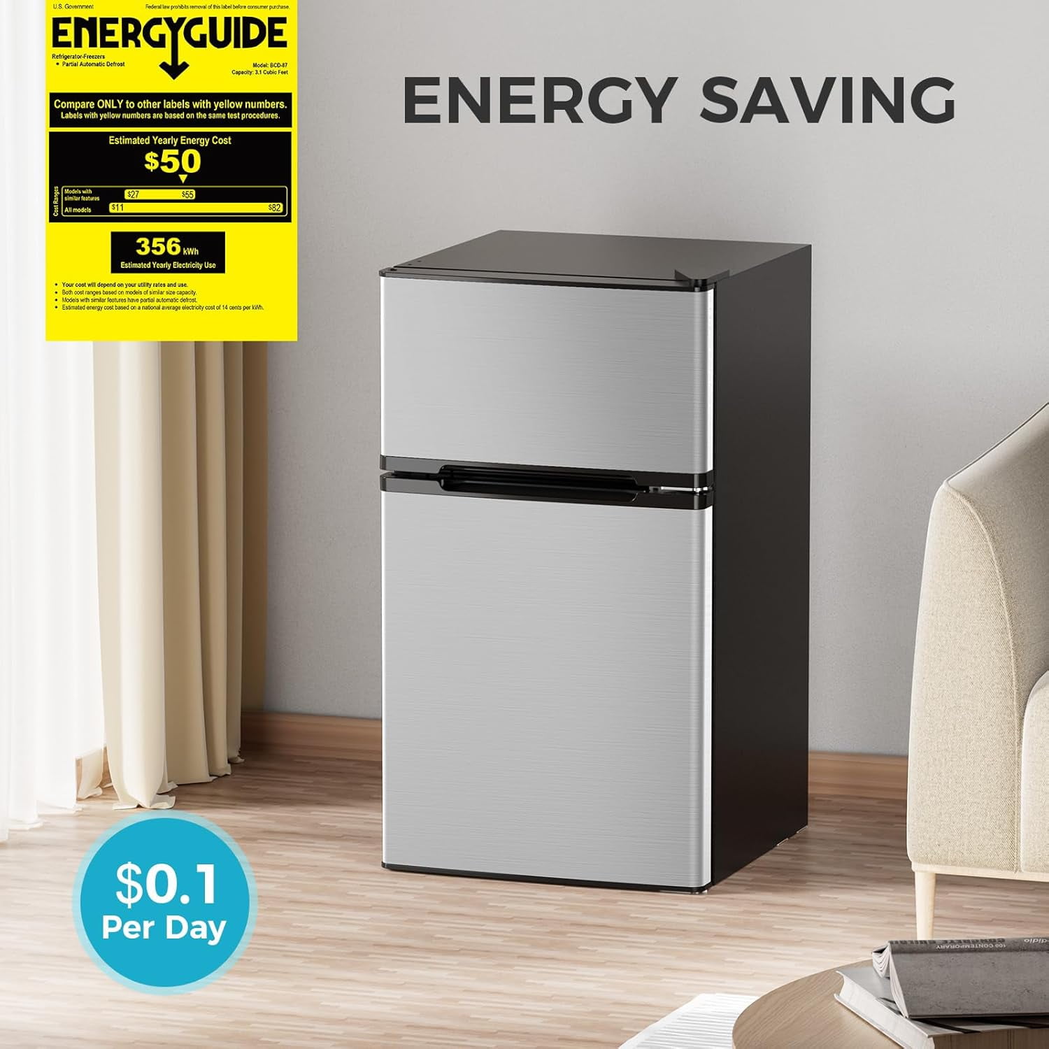WAA 3.2 Cu.Ft Silver Mini Fridge with Freezer,Adjustable Thermostat Ideal for Bedroom,Dorm,Office,Bar & RV