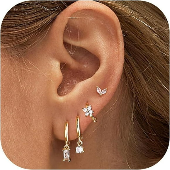 4/5/6 Pcs Stack Gold Studs Earrings for Women 14K Gold Plated 925 Sterling Silver Single Stud Hoop Earrings Sets for Multiple Piercings Heart Star Moon Hoop Dangle Earrings Stack Set