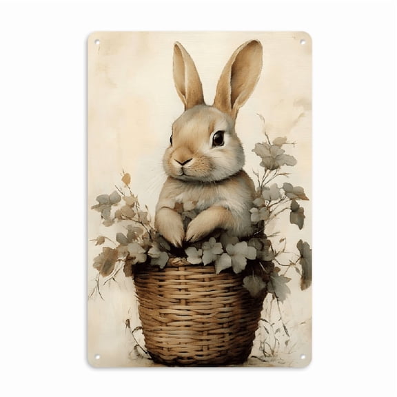 Vintage-Inspired Easter Bunny Metal Tin Sign - 8x12_ Rustic Wall Art with Realistic Rabbit & Floral Design, Perfect for Home, Bar, Cafe & Farmhouse Decor, Durable & Fade-Resistant Tinplate, Easter