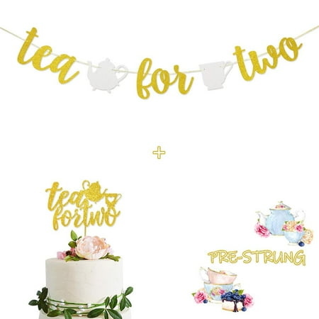 Tea for Two Gold Glitter Banner Sign Garland With Teapot Teacups Pre-strung & Tea for Two Cake Topper for 2nd Second Birthday Tea Party Decorations