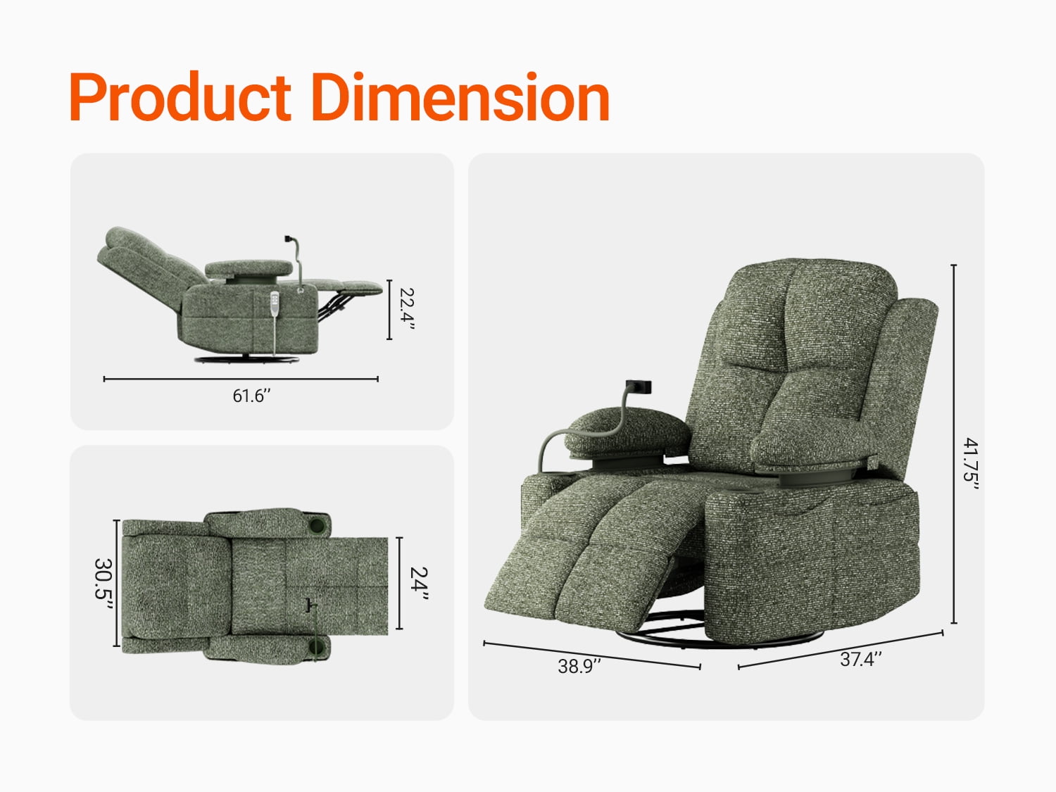 MAMAZING Nursery Rocking Chair Swivel Glider Oversized Recliner with Pockets Electric Power Baby Nursing Chair Green