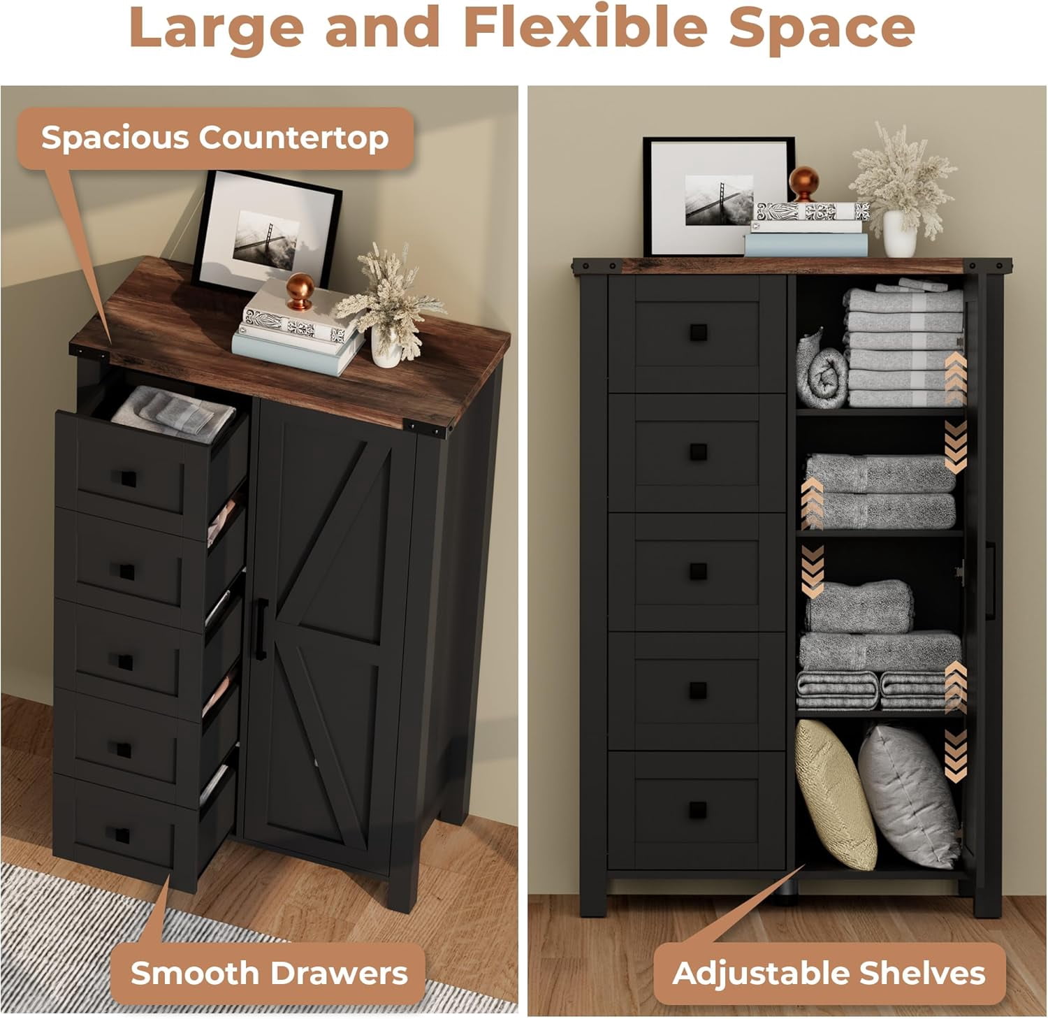 VVFLU Farmhouse 5 Drawer Dresser Storage Cabinet Chest of Drawer for Bedroom, 48" Tall Black Wood