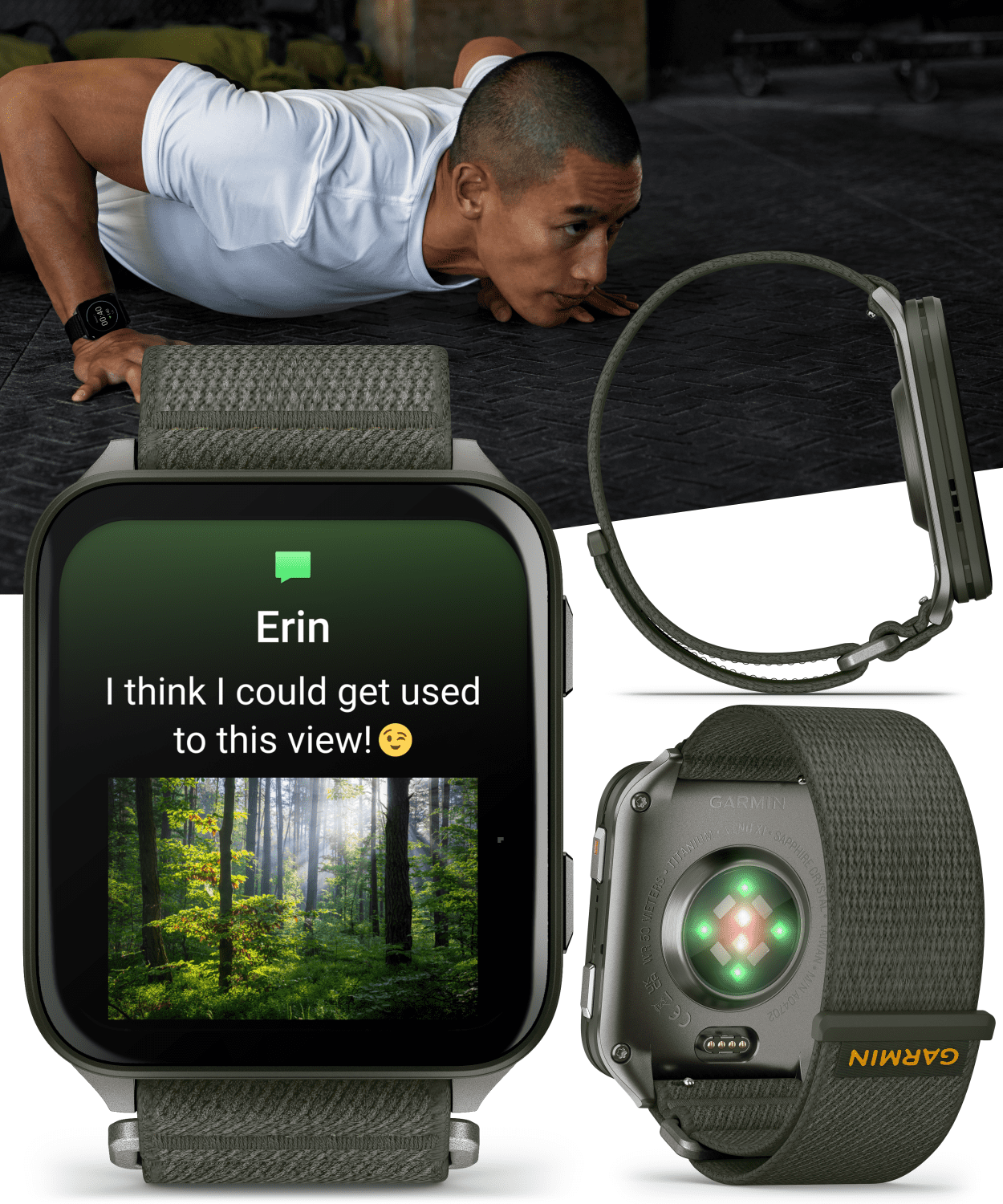 Garmin Venu X1 Thin and Lightweight GPS Smartwatch, AMOLED Display, Moss with Titanium Caseback and Moss ComfortFit Nylon Band with Wearable4U White EarBuds Bundle