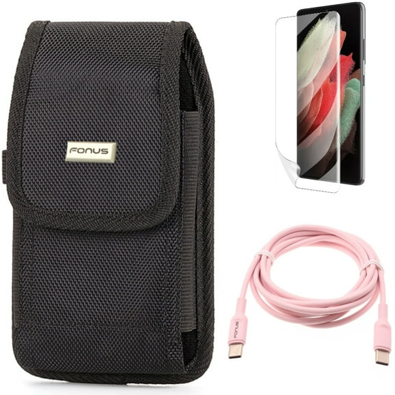 Matte Screen Protector & Case Belt Clip & Pink 6ft Long Cable for Samsung Galaxy S22 Plus (S22 ) - Combo TPU Film Anti-Glare & Rugged Holster & USB-C to Type-C PD Fast Charger Cord