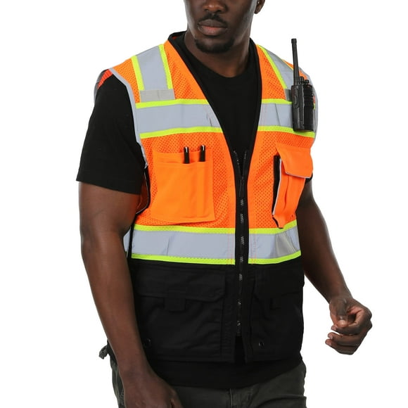 High Visibility Safety Vest Hi Vis Vest With Zipper And Utility Heavy Duty Black Pockets Security Construction Vest For Men Ansi/Isea Standards Mesh Orange Black Xl