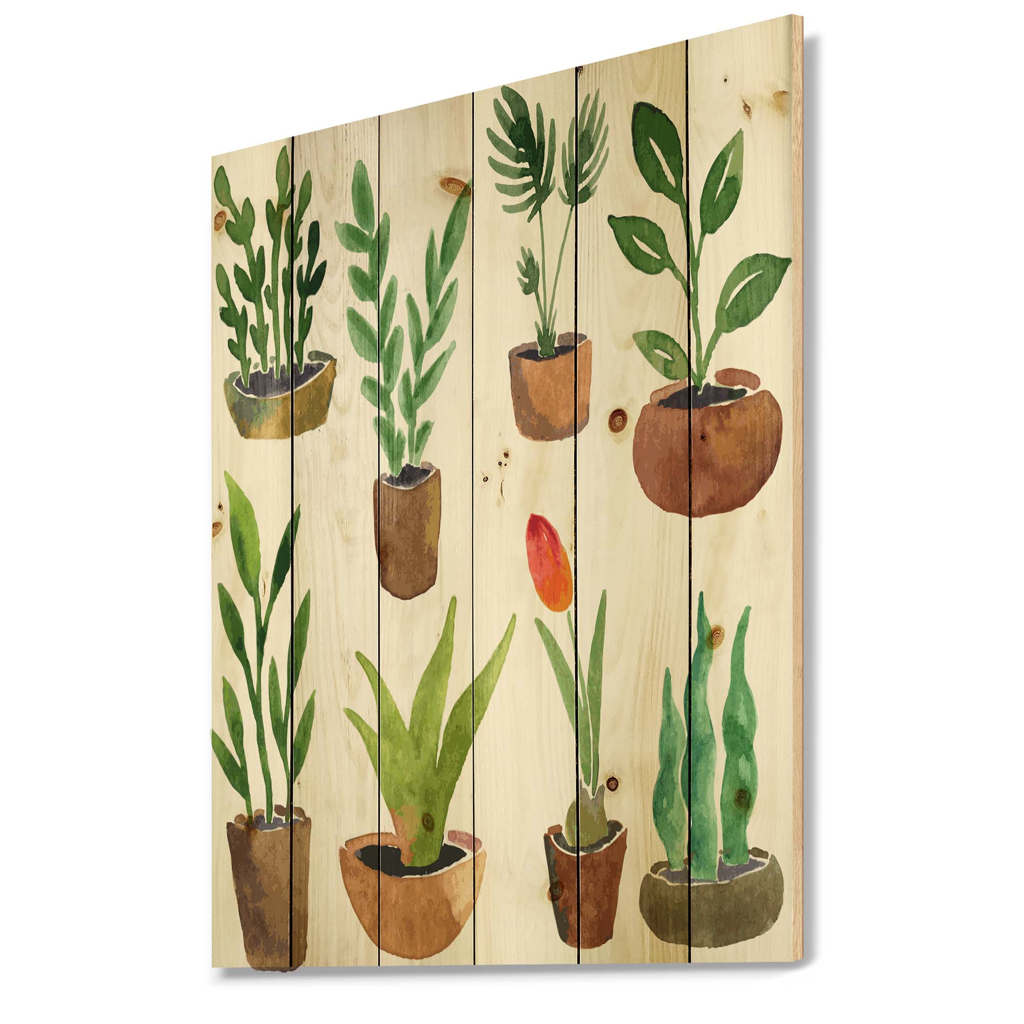 Designart 'Eight House Plants In Claypots' Traditional Print on Natural Pine Wood