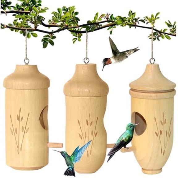 Hummingbird House - Natural Wooden Hummingbird Houses for Outside Hanging, Gardening Gifts for Women, Bird Lovers 3 Packs