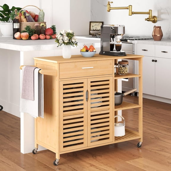 Moccha Rolling Kitchen Island Cart - Bamboo Kitchen Carts on Wheels with storage Cabinet, Large Drawer, 3-tier Open Shelf, Towel Rack, Sideboard, Mobile Kitchen Table for Dining Room Living Room Bar