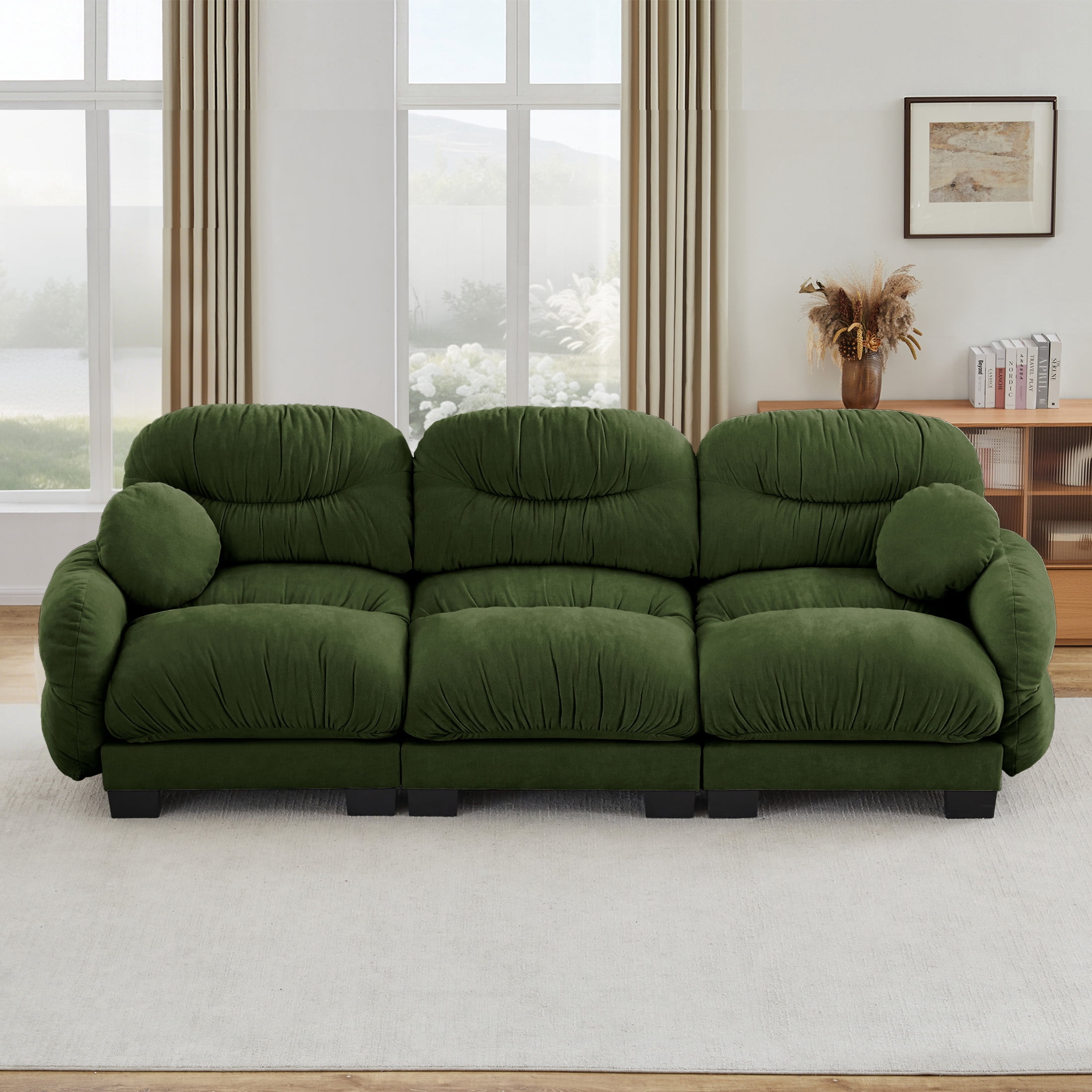 Noble House Corlan Pleated Chenille 3-Seater Sectional Sofa, Modular Deep Seat Couch with Throw Pillows, Green