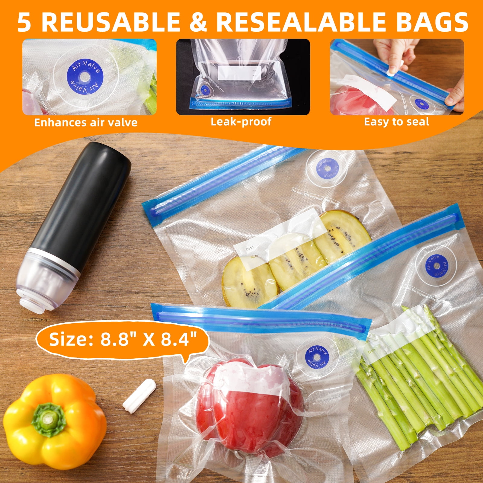 YEERSWAG Handheld Vacuum Sealer Cordless Portable Food Sealer Machine for Travel, Kitchen, Freezer,5 Reusable Bags Included