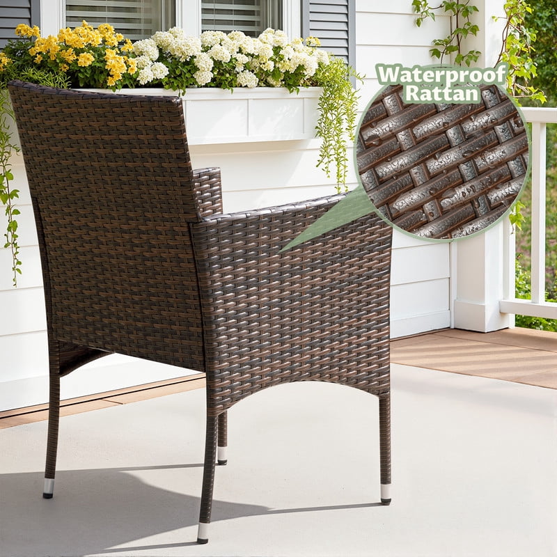 Vineego 4 4PCS Patio Furniture Set Outdoor Conversation Rattan Chairs with Cushion and Loveseat Glass Table for Garden Backyard Porch, Brown/ Gray