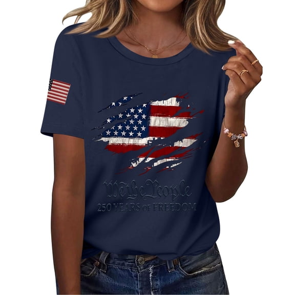 250th Anniversary Shirts for Women Independence Day Short Sleeve Crewneck Usa Flag Print T-Shirts United States Loose Fit Tops, #01 Navy, XL