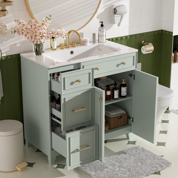 DTTRA 36" Bathroom Vanity with Ceramic Sink, Double-Layer Drawers and Adjustable Shelves, Green