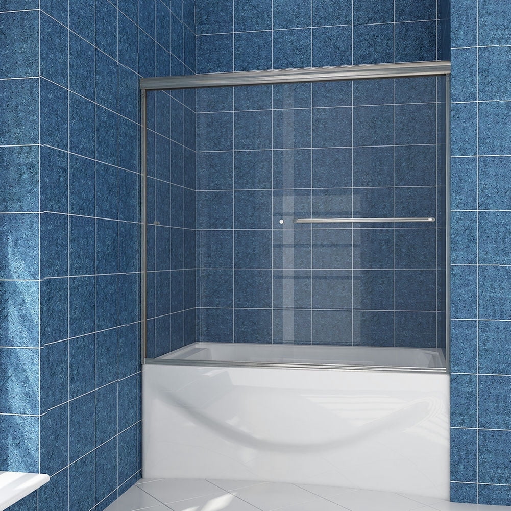 Sunny Shower Bathtub Glass Sliding Door 60" in W x 57.4" in H 1/4" Clear Glass Brushed Nickel Finish