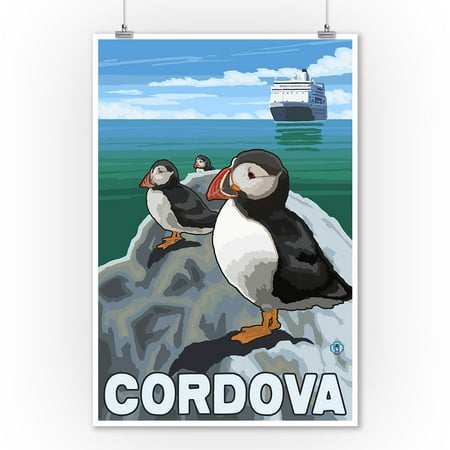 Puffins & Cruise Ship - Cordova, Alaska - LP Original Poster (9x12 Art Print, Wall Decor Travel