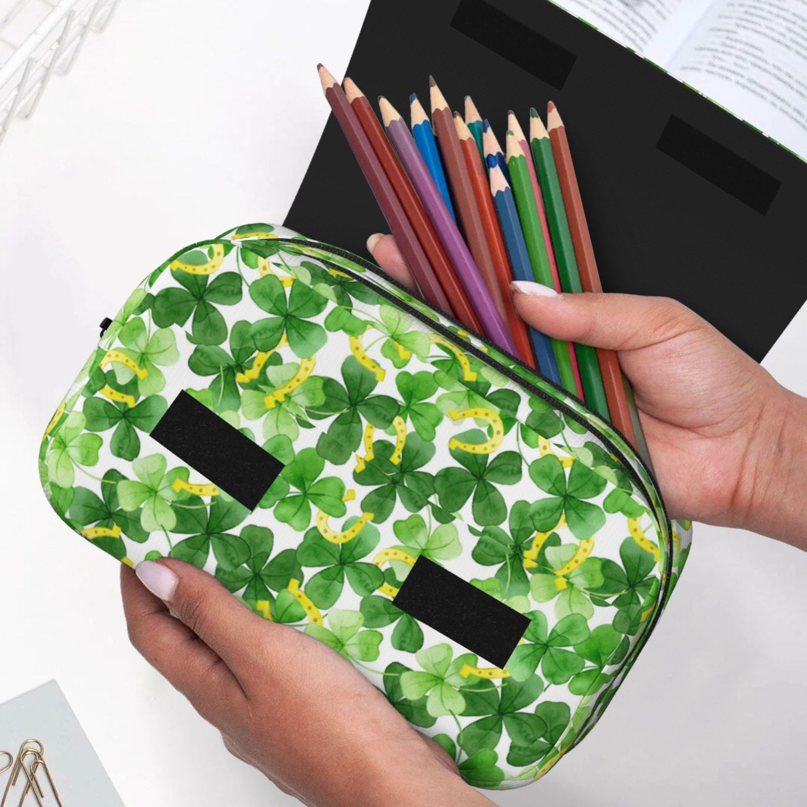 Rateoe Happy St. Patrick's Day Pattern Double Clamshell Pen Case, Storage Organizer with Two Zipper Compartments– Holds Up to 50 Pencils & Pens