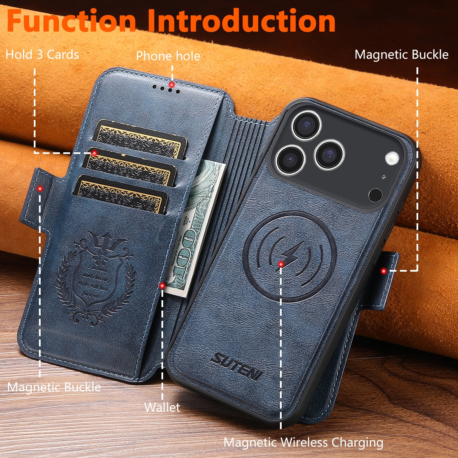 PU Leather for iPhone 17 Pro Max Case, 2 in 1 Detachable Wallet Case with Card Holder, Removable Flip Stand Folio Cover with RFID Blocking Phone Cover [Compatible with MagSafe],Blue