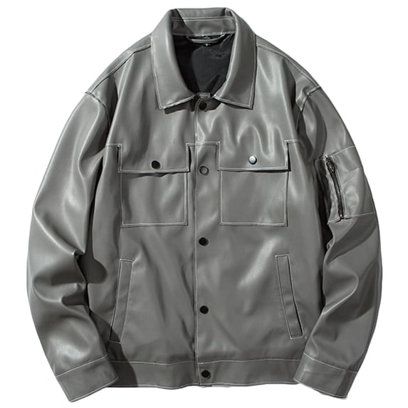 IROINNID Men's Faux Leather Turndown Lapel Long Sleeve Solid Color Leisure Jacket Stand Collar Motorcycle Washed Outwear & Jackets