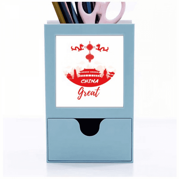 Red Outline China Landmark Desk Supplies Organizer Pen Holder Card