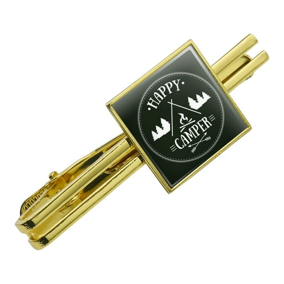 Happy Camper with Campfire Square Tie Bar Clip Clasp Tack- Silver or Gold