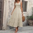 thumbnail image 5 of ChaoHeng Women Dresses Clearance under $10 Women's A-Line Slip Dress Ruffled Hem Round Neck, Sleeveless Solid Color,Beige S, 5 of 6