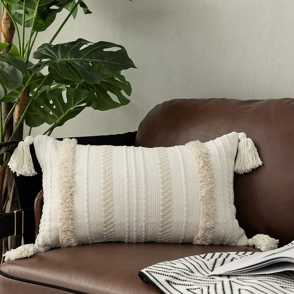 Boho Throw Pillow Cover, 12 x 20 Farmhouse Cute Pillowcase Minimalist Neutral Collection Cream White Tufted with Tassels Woven Cushion Cover for Sofa Couch Bedroom Living Room,1pc