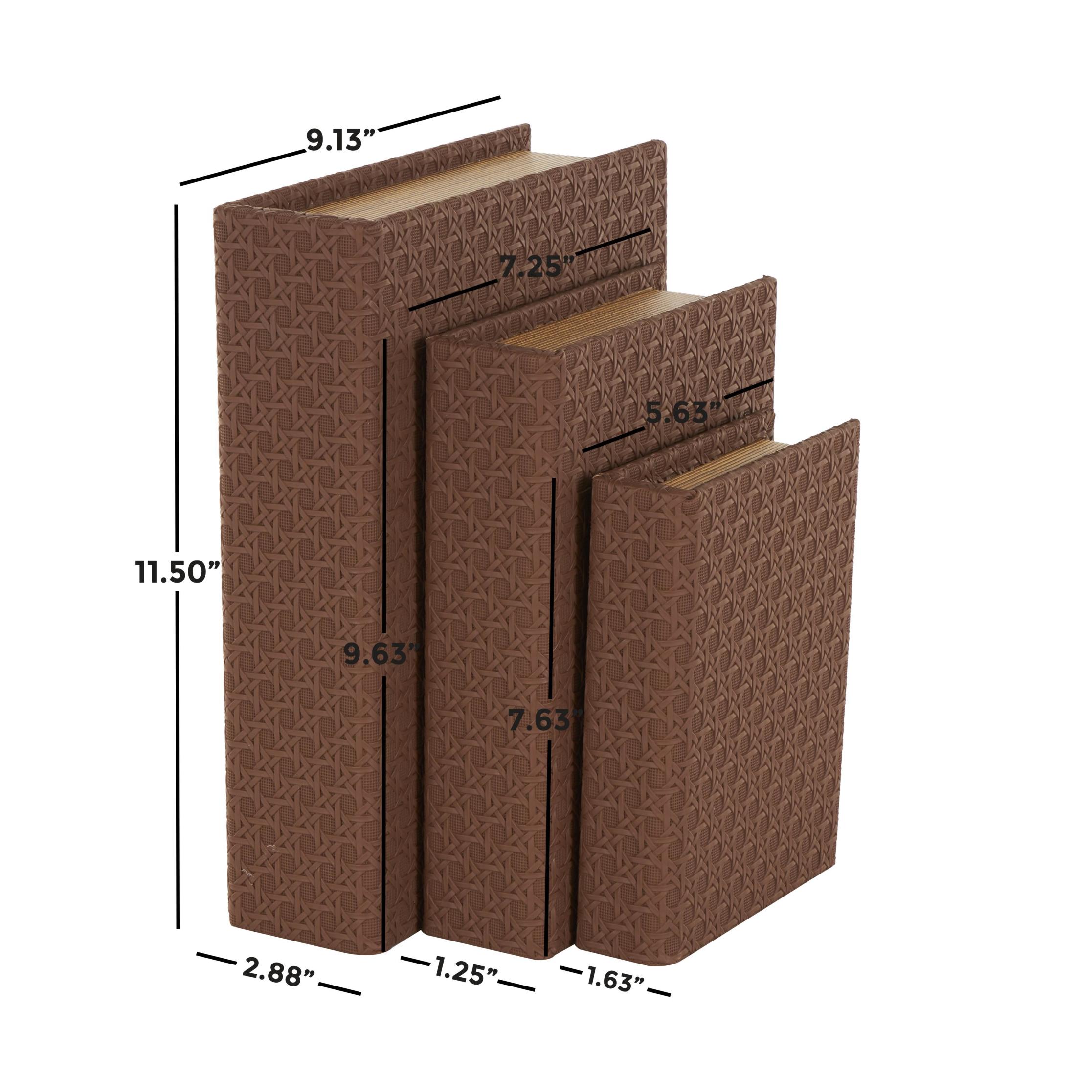 DecMode Woven Grid Faux Book Storage Brown Faux Leather Decorative Box, 3 Count