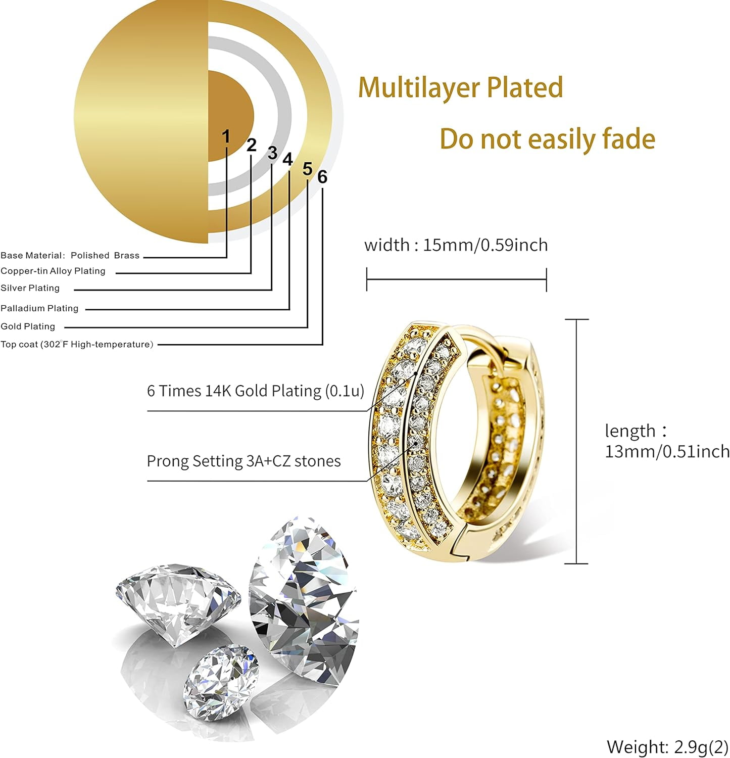 Leander Iced Out Hoop Earrings Cubic Zirconia Huggie Cartilage Cuff Hypoallergenic 14K Gold Plated Luxury Fashion Round Circle Earrings For Men Women