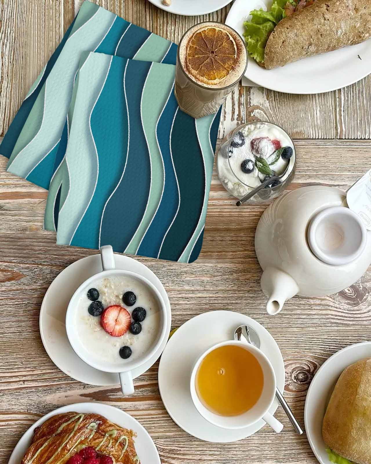 Teal Ombre Kitchen Dish Towels for Drying Dishes Set of 3, Abstract Art Moire Ocean Waves Waffle Weave Microfiber Terry Hand Tea Bathroom Towels Quick Dry & Absorbent Towel 15.7x23.6