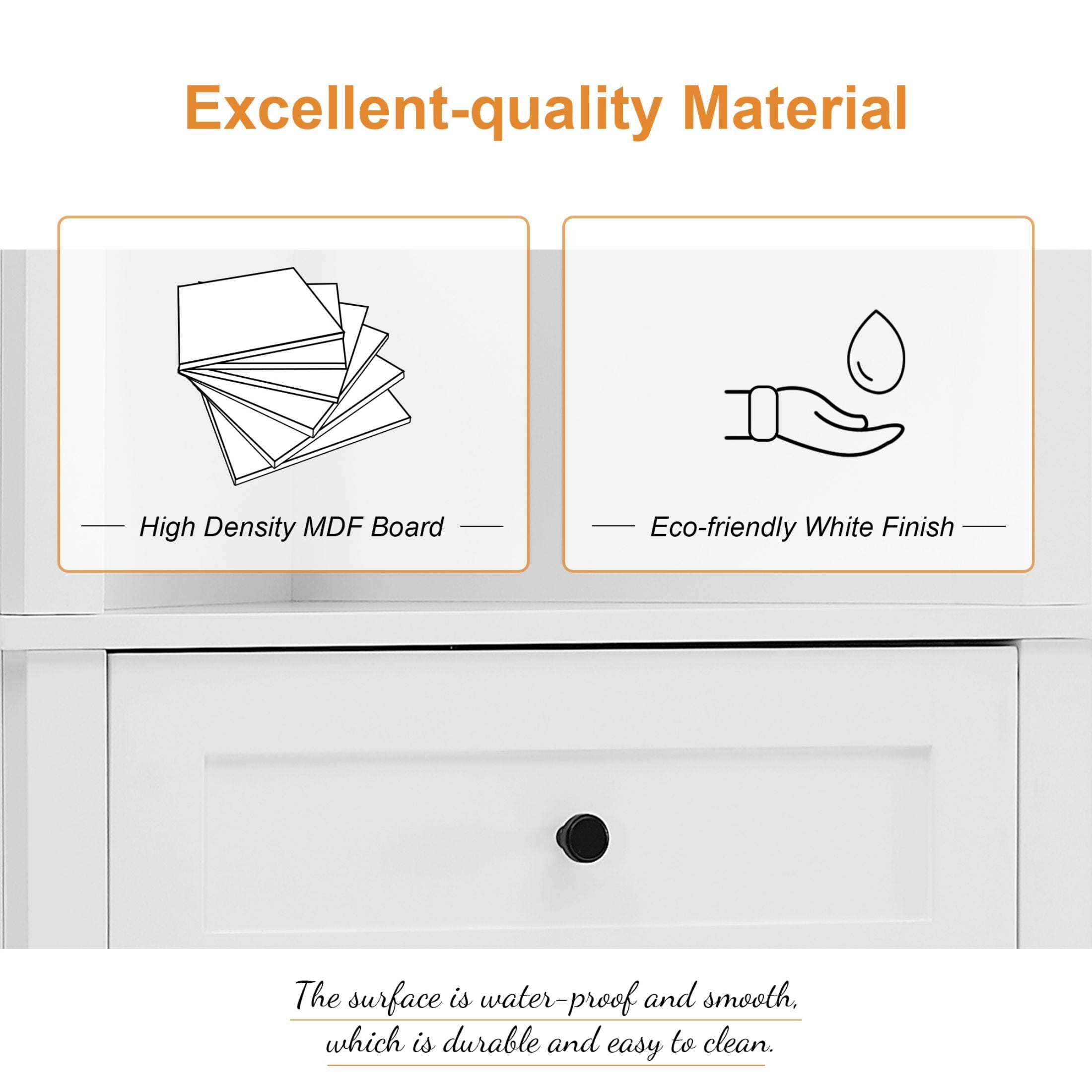 AENKYO Corner Bathroom Cabinet with Adjustable Shelves, Corner Cabinet with Open Spaces and Drawers, White