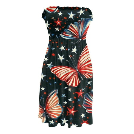 CHCNHAC Summer Dresses for Women 2025 4th Of July Elegant Dresses Patriotic Stars and Stripes Graphic Flowy Swing Strapless Cocktail Gowns Wine S