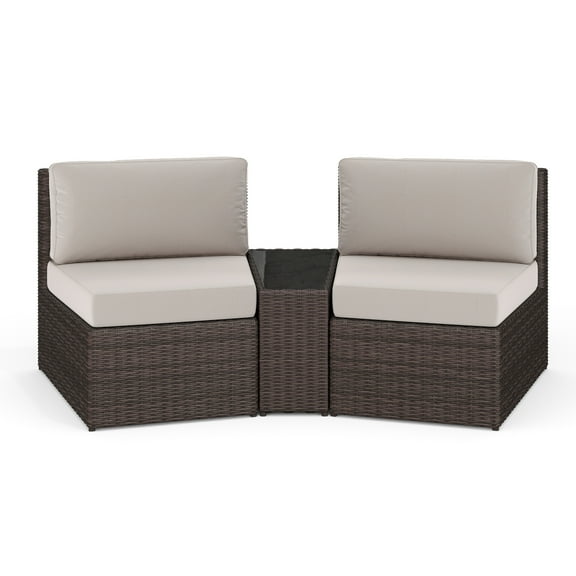 Martha Stewart Set of 2 Indoor-Outdoor Modular Patio Curved Sectional Sofa Seats and Side Table in Brown Rattan Wicker with Tan All-Weather Cushions