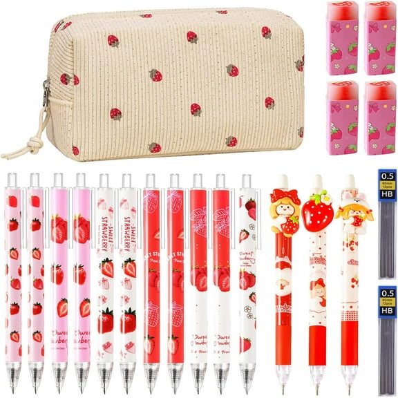 Cute Strawberry Stationery Set,Kawaii Stationery Birthday Christmas Gifts,Includes Erasers,Strawberry Mechanical Pencils,Lead Refills,Strawberry Pens,Pencil Holder,for Office Home Supplies