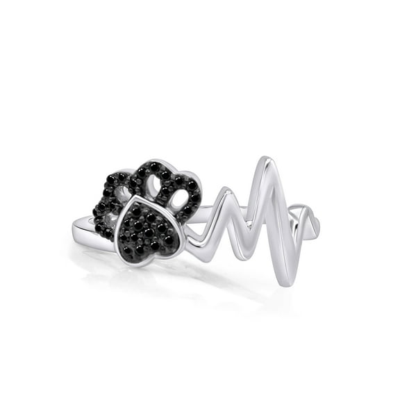 AFFY Round Cut Black Natural Diamond Paw & Heartbeat Ring In 14K White Gold Over Sterling Silver (0.1 Cttw) By