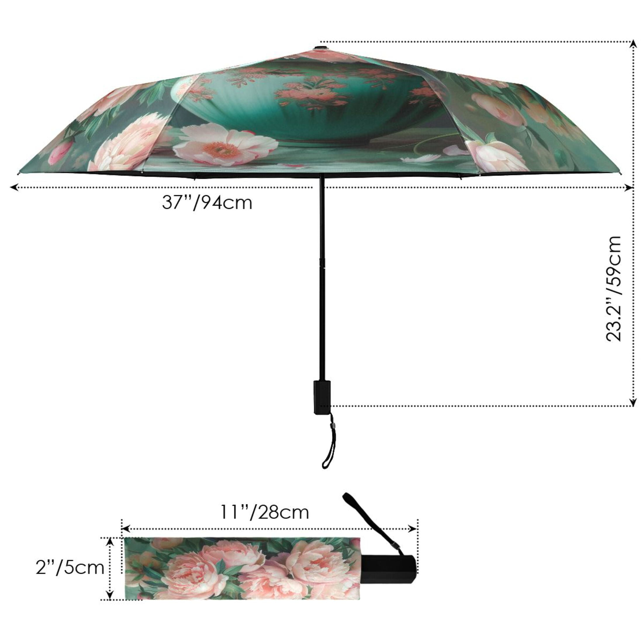 Compact Sun Umbrella Windproof Travel Umbrellas for Rain Strong Portable UV Protection Peonies Bouquet in Vases