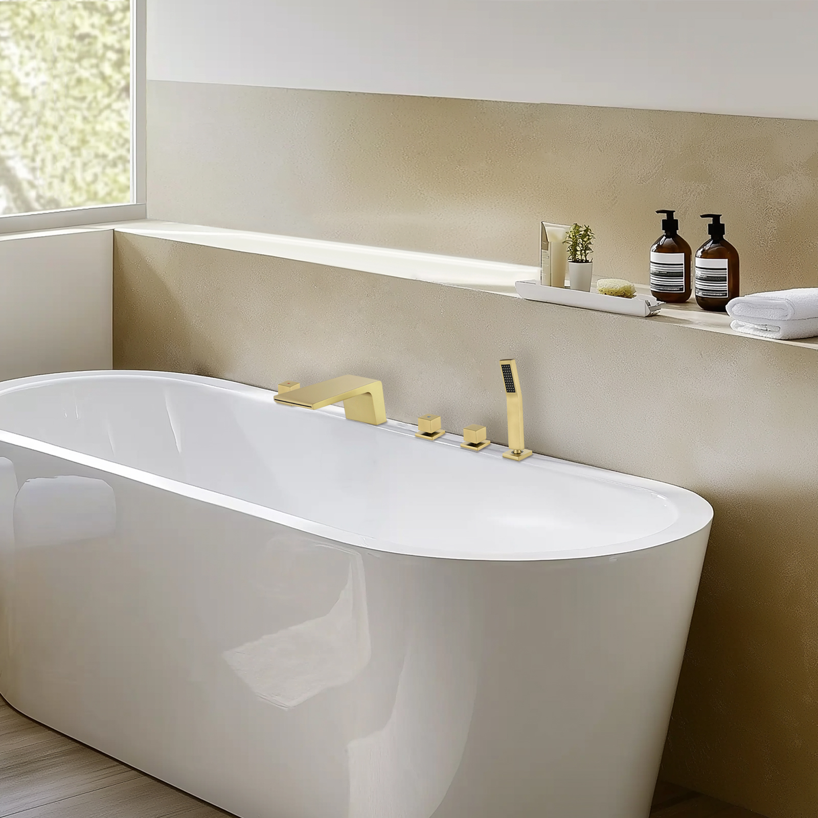 Cobbe Bathtub Faucet Set with Hot/Cold Water Switch, Diverter Knob, Handheld Shower and 4.72-Inch Wide Waterfall Spout 5-Hole Mount Brushed Gold