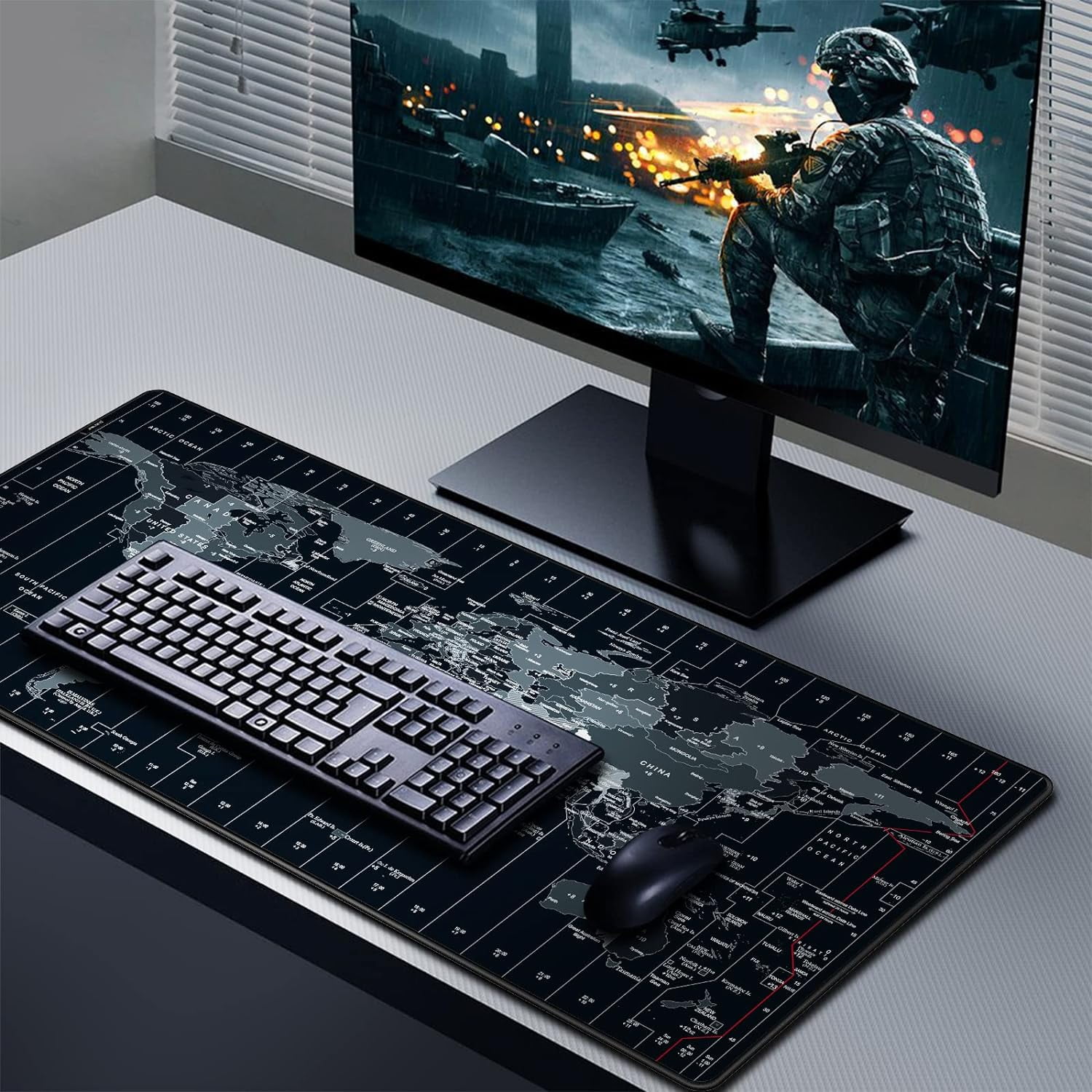 Large Gaming Mouse Pad with World Map, Extended Mousepad with Superior Micro-Weave Cloth, Comfortable Keyboard Pad, Desk Mat for Gamer Office Work Home, 35.4 x 15.7 inches Black